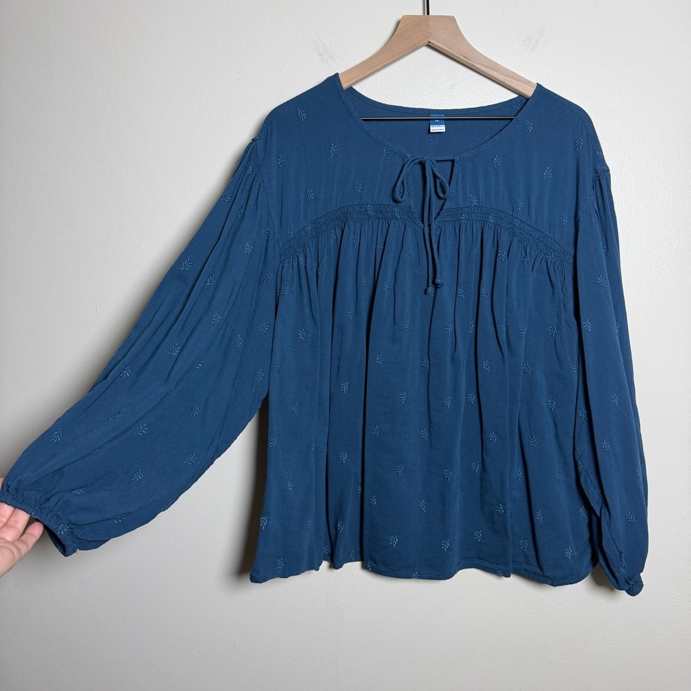 Old Navy Womens Cotton Peasant Blouse XXL Blue Embroidered Tie Neck Smocked Boho